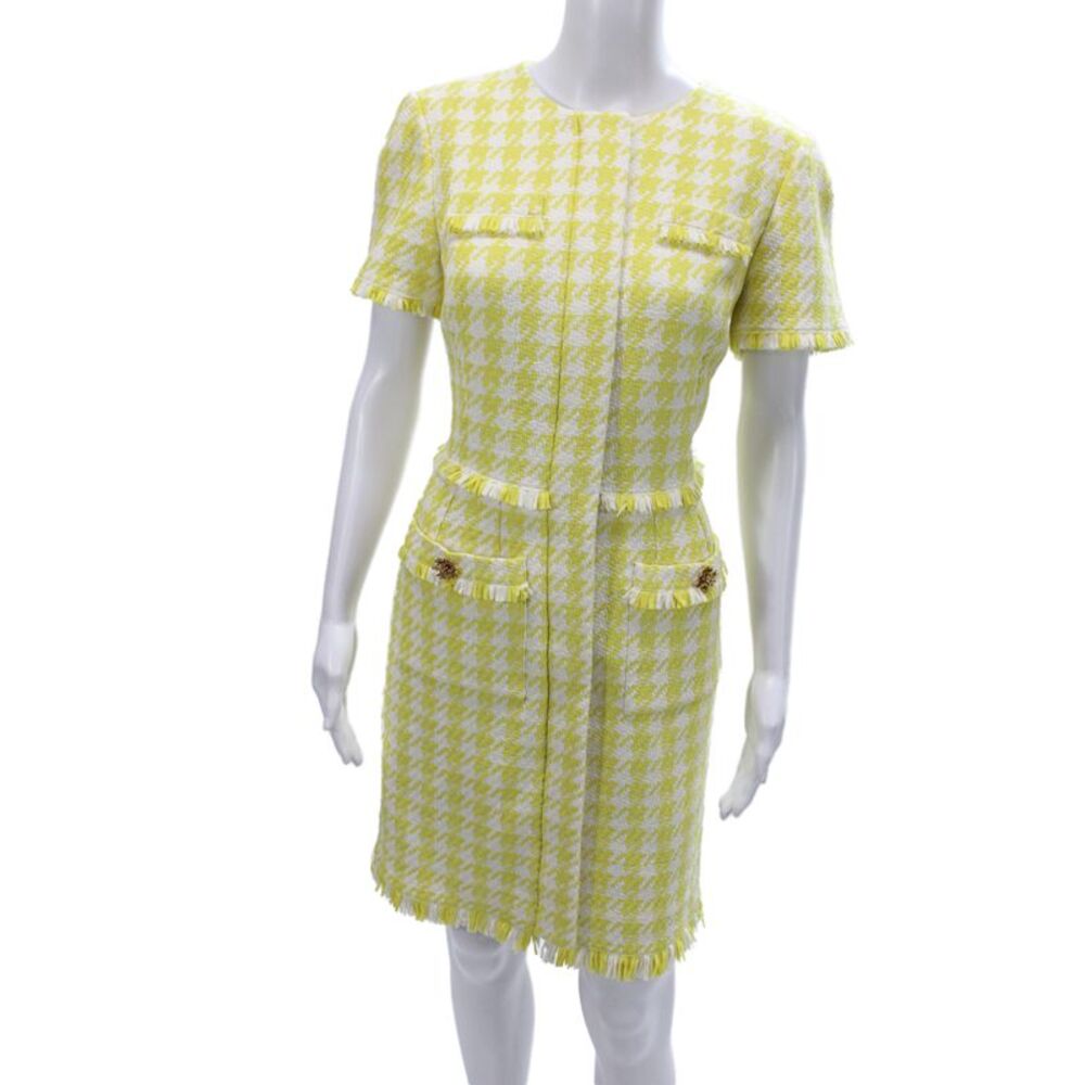 Oscar de la Renta Women Pencil Dress Yellow Check Short Sleeve Neck Size 9